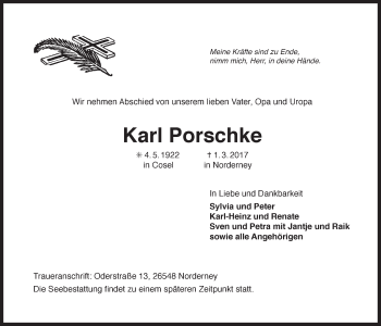 Traueranzeige von Karl Porschke von Ostfriesischer Kurier GmbH