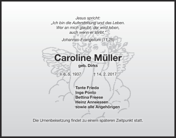 Traueranzeige von Caroline Müller von Ostfriesischer Kurier GmbH