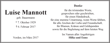 Traueranzeige von Luise Mannott von Ostfriesischer Kurier GmbH