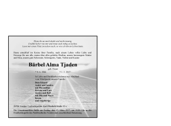 Traueranzeige von Bärbel Alma Tjaden von Ostfriesischer Kurier GmbH