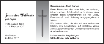 Traueranzeige von Jannette Wilberts von Ostfriesischer Kurier GmbH