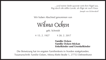 Traueranzeige von Wilma Ocken von Ostfriesischer Kurier GmbH
