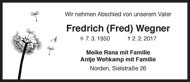  Traueranzeige für Fredrich Wegner vom 04.03.2017 aus Ostfriesischer Kurier GmbH