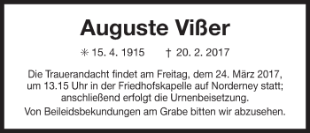 Traueranzeige von Auguste Vißer von Ostfriesischer Kurier GmbH