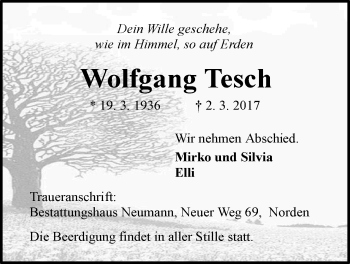 Traueranzeige von Wolfgang Tesch von Ostfriesischer Kurier GmbH