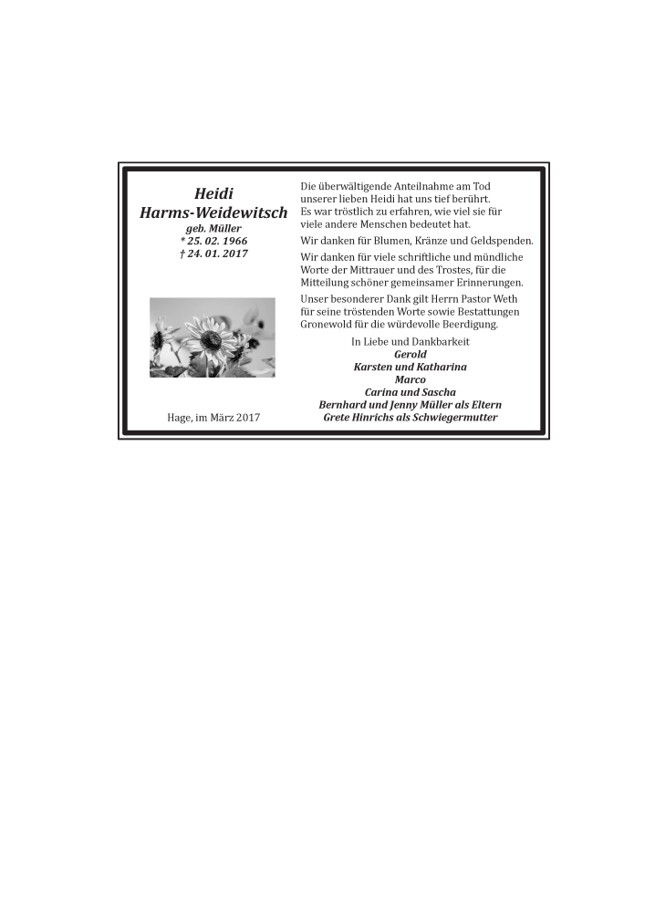  Traueranzeige für Heidi Harms-Weidewitsch vom 11.03.2017 aus Ostfriesischer Kurier GmbH