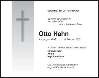 Traueranzeige von Otto Hahn von Ostfriesischer Kurier GmbH