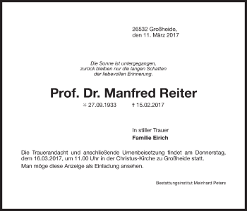 Traueranzeige von Manfred Reiter von Ostfriesischer Kurier GmbH