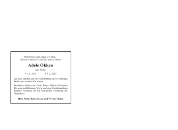 Traueranzeige von Adele Okken von Ostfriesischer Kurier GmbH