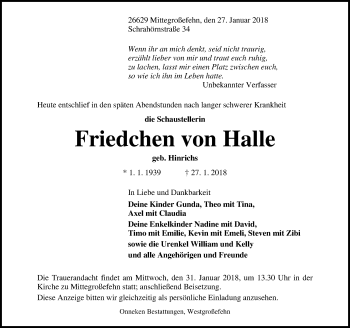Traueranzeige von Friedchen von Halle von Ostfriesischer Kurier GmbH