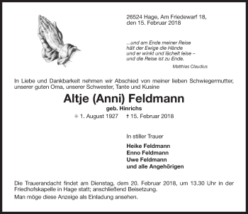 Traueranzeige von Altje Anni Feldmann von Ostfriesischer Kurier GmbH
