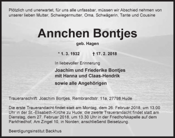 Traueranzeige von Annchen Bontjes von Ostfriesischer Kurier GmbH