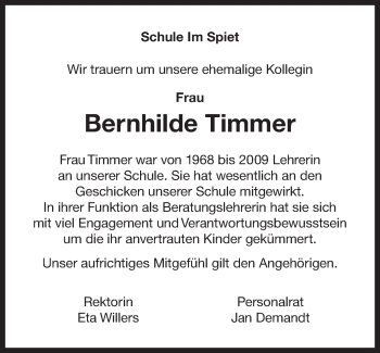 Traueranzeige von Bernhilde Timmer von Ostfriesischer Kurier GmbH