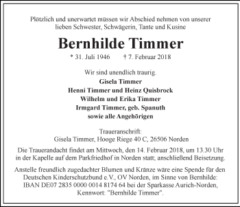 Traueranzeige von Bernhilde Timmer von Ostfriesischer Kurier GmbH