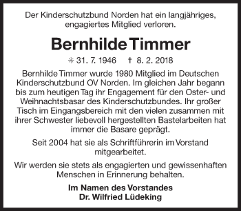 Traueranzeige von Bernhilde Timmer von Ostfriesischer Kurier GmbH