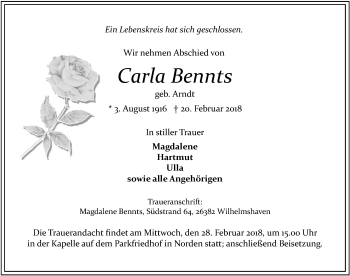 Traueranzeige von Carla Bennts von Ostfriesischer Kurier GmbH