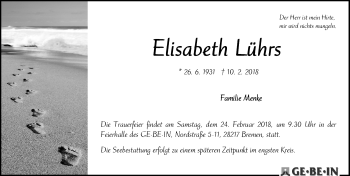 Traueranzeige von Elisabeth Lührs von Ostfriesischer Kurier GmbH