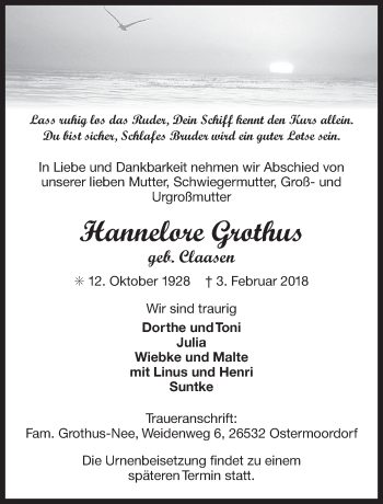 Traueranzeige von Hannelore Grothus von Ostfriesischer Kurier GmbH