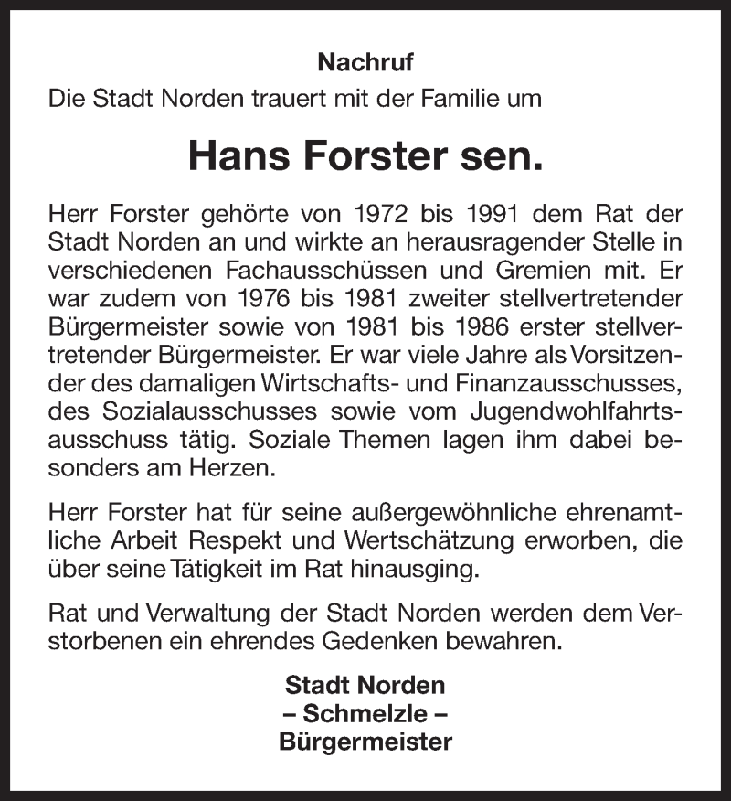  Traueranzeige für Hans Forster vom 20.02.2018 aus Ostfriesischer Kurier GmbH