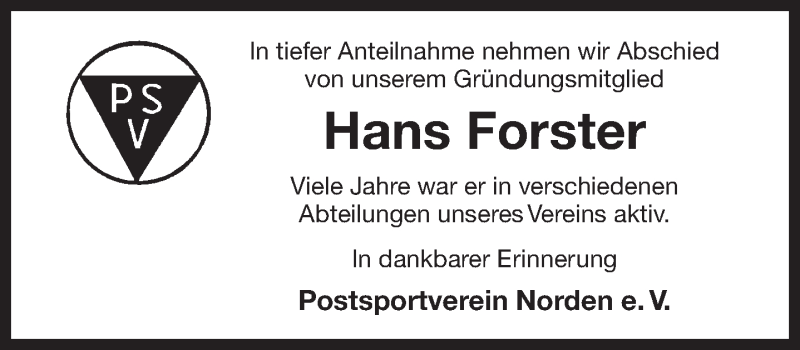  Traueranzeige für Hans Forster vom 20.02.2018 aus Ostfriesischer Kurier GmbH