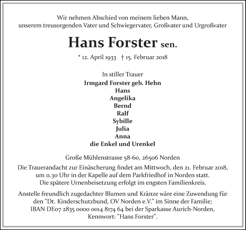  Traueranzeige für Hans Forster vom 19.02.2018 aus Ostfriesischer Kurier GmbH