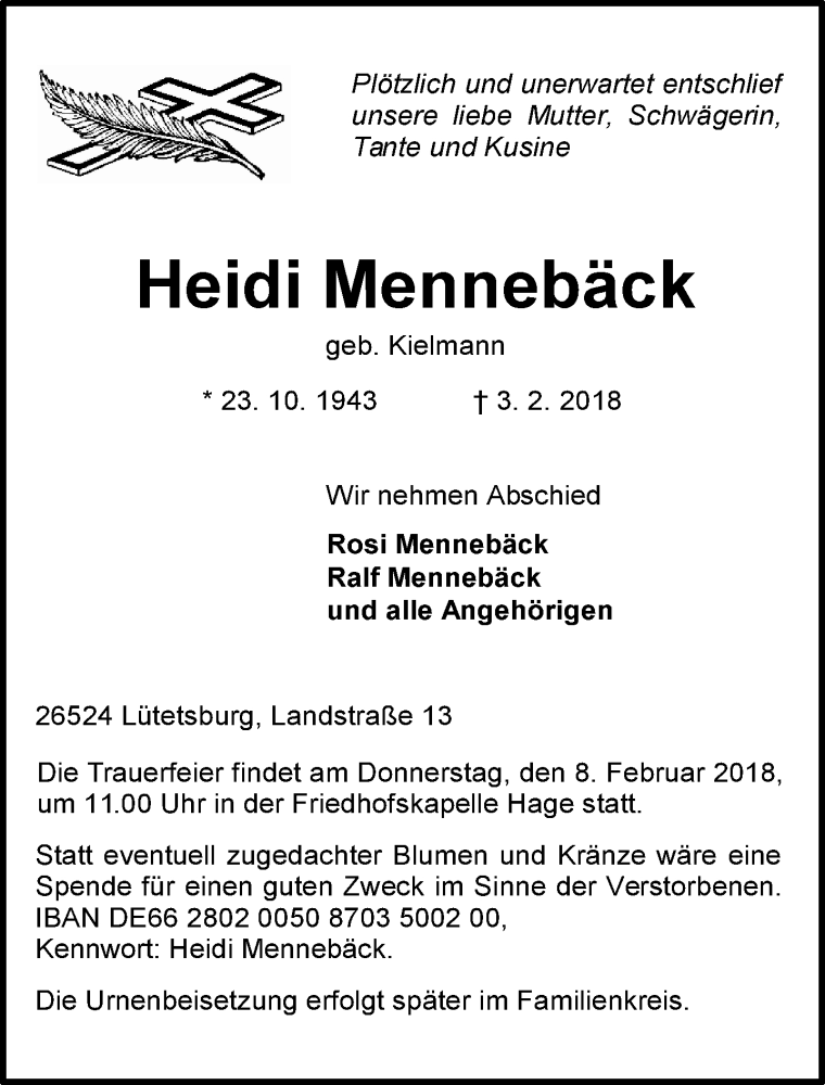  Traueranzeige für Heidi Mennebäck vom 06.02.2018 aus Ostfriesischer Kurier GmbH
