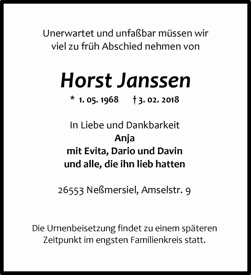  Traueranzeige für Horst Janssen vom 06.02.2018 aus Ostfriesischer Kurier GmbH