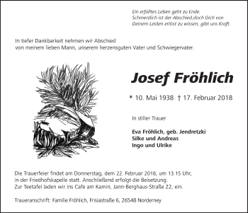 Traueranzeige von Josef Fröhlich von Ostfriesischer Kurier GmbH