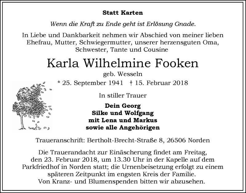  Traueranzeige für Karla Wilhelmine Fooken vom 19.02.2018 aus Ostfriesischer Kurier GmbH