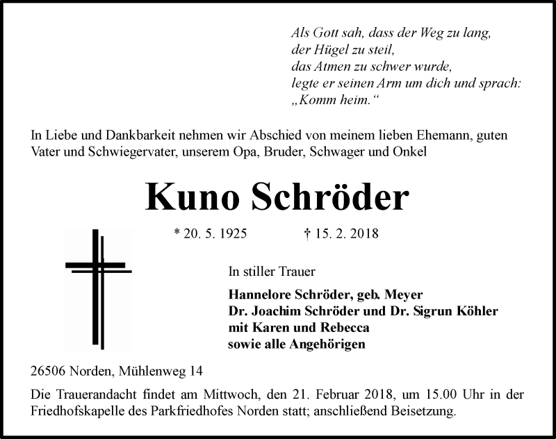  Traueranzeige für Kuno Schröder vom 19.02.2018 aus Ostfriesischer Kurier GmbH
