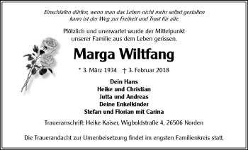 Traueranzeige von Marga Wiltfang von Ostfriesischer Kurier GmbH