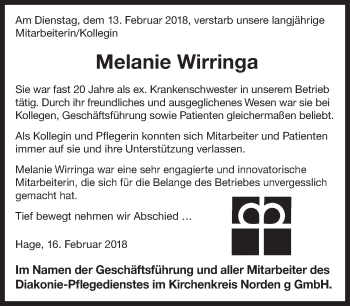 Traueranzeige von Melanie Wirringa von Ostfriesischer Kurier GmbH