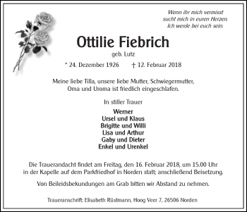 Traueranzeige von Ottilie Fiebrich von Ostfriesischer Kurier GmbH