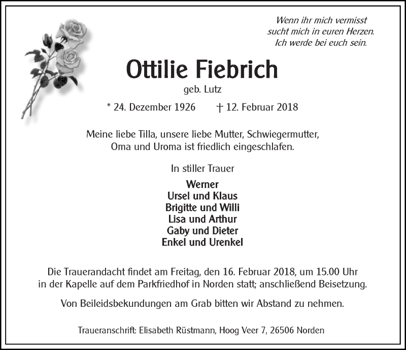  Traueranzeige für Ottilie Fiebrich vom 13.02.2018 aus Ostfriesischer Kurier GmbH