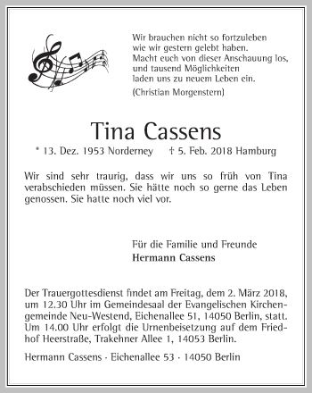 Traueranzeige von Tina Cassens von Ostfriesischer Kurier GmbH