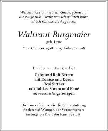 Traueranzeige von Waltraut Burgmaier von Ostfriesischer Kurier GmbH