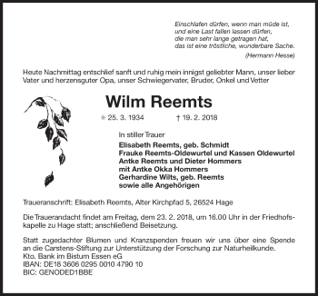 Traueranzeige von Wilm Reemts von Ostfriesischer Kurier GmbH