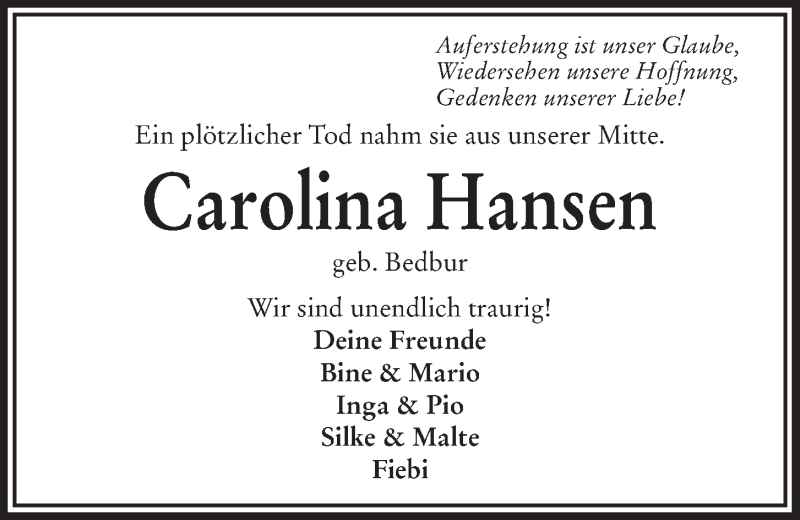  Traueranzeige für Carolina Hansen vom 18.02.2015 aus Ostfriesischer Kurier GmbH