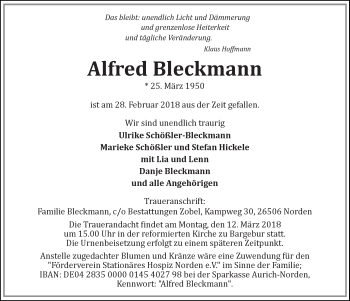 Traueranzeige von Alfred Bleckmann von Ostfriesischer Kurier GmbH