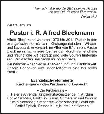Traueranzeige von Alfred Bleckmann von Ostfriesischer Kurier GmbH