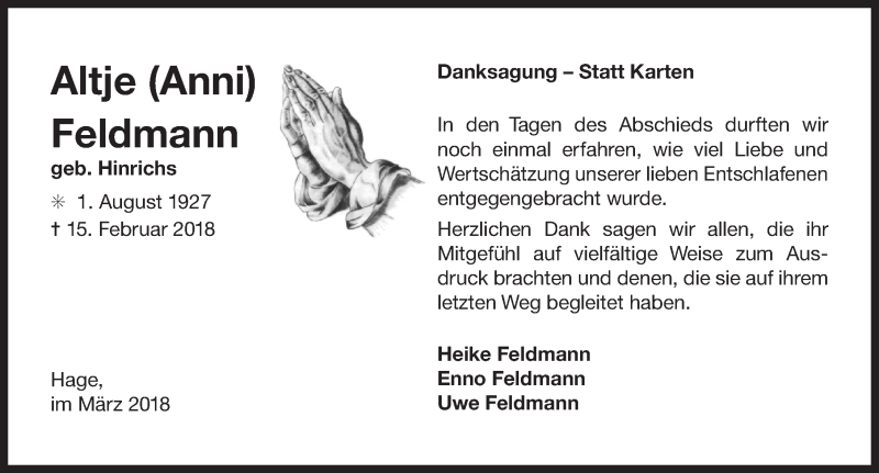  Traueranzeige für Altje Feldmann vom 17.03.2018 aus Ostfriesischer Kurier GmbH
