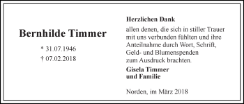 Traueranzeige von Bernhilde Timmer von Ostfriesischer Kurier GmbH