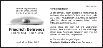 Traueranzeige von Friedrich Behrends von Ostfriesischer Kurier GmbH