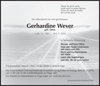 Traueranzeige von Gerhardine Wever von Ostfriesischer Kurier / Norderneyer Badezeitung