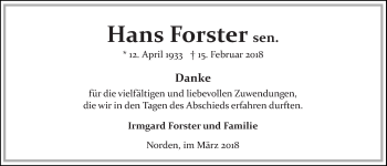 Traueranzeige von Hans Forster von Ostfriesischer Kurier GmbH