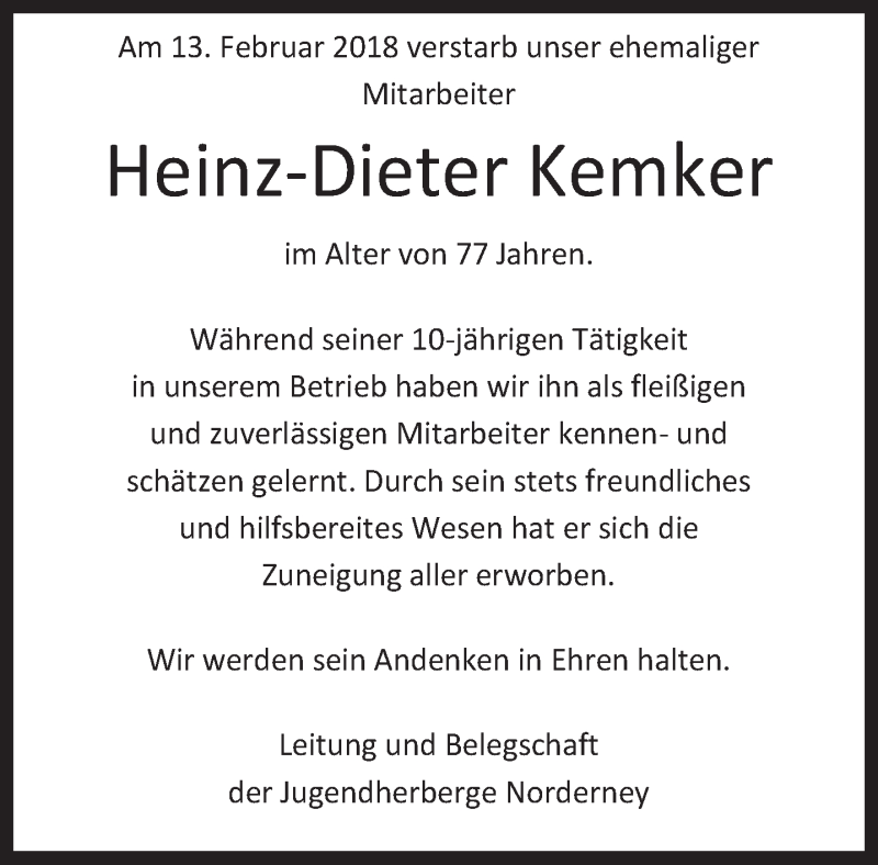  Traueranzeige für Heinz-Dieter Kernker vom 17.03.2018 aus Ostfriesischer Kurier GmbH