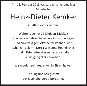 Traueranzeige von Heinz-Dieter Kernker von Ostfriesischer Kurier GmbH