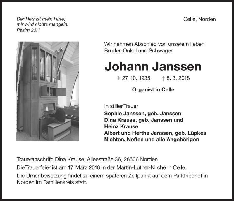  Traueranzeige für Johann Janssen vom 17.03.2018 aus Ostfriesischer Kurier / Norderneyer Badezeitung