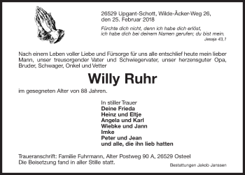 Traueranzeige von Willy Ruhr von Ostfriesischer Kurier / Norderneyer Badezeitung