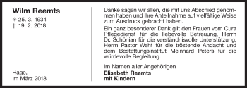 Traueranzeige von Wilm Reemts von Ostfriesischer Kurier GmbH